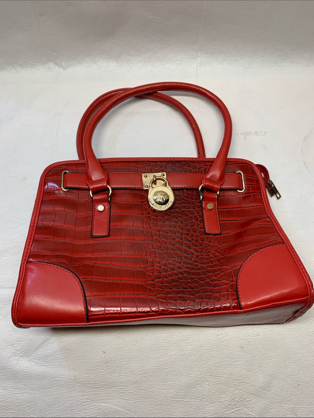 Michael Kors Red Croc-Embossed Satchel with Gold Hardware